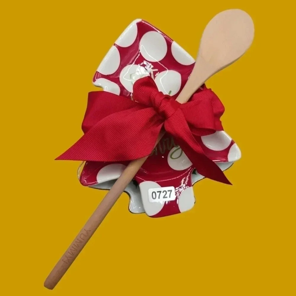 Stacy claire& christmas holy 2 spoon rest with wooden spoon red & wht
